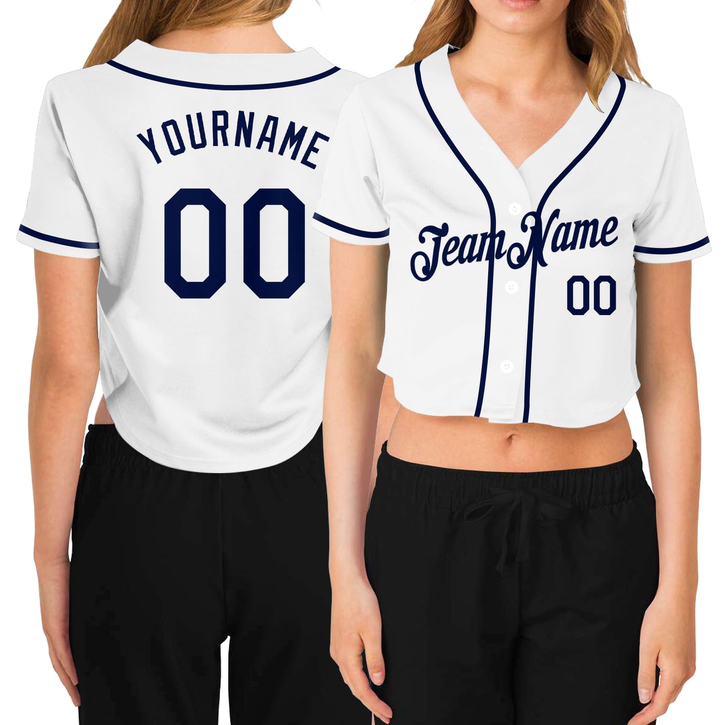 Custom Women's White Navy V-Neck Cropped Baseball Jersey - Main View