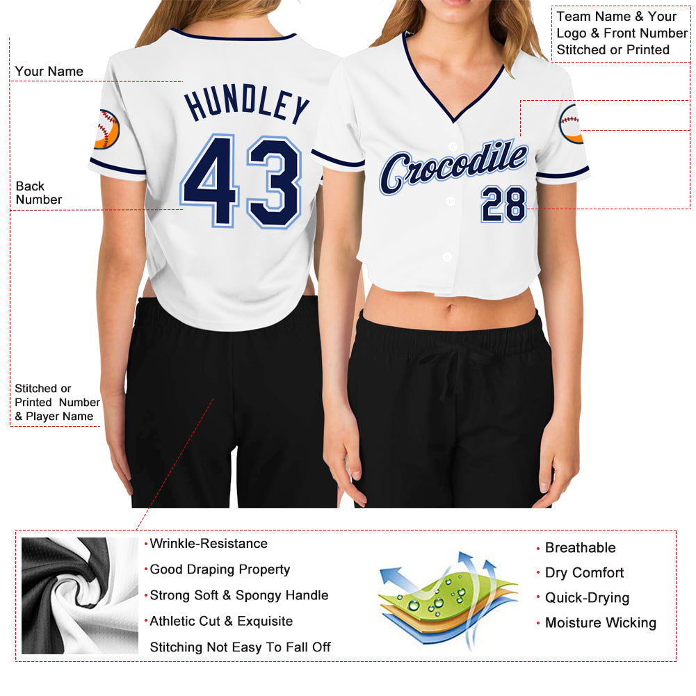 Custom Women's White Navy-Light Blue V-Neck Cropped Baseball Jersey view 3