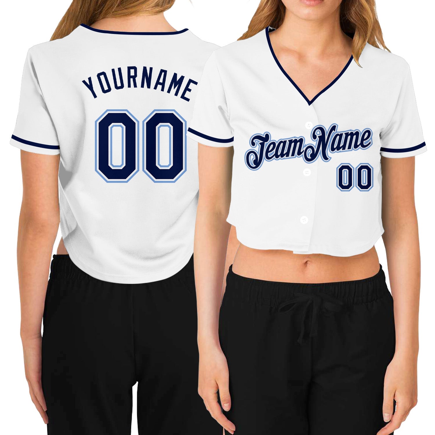 Custom Women's White Navy-Light Blue V-Neck Cropped Baseball Jersey - Main View