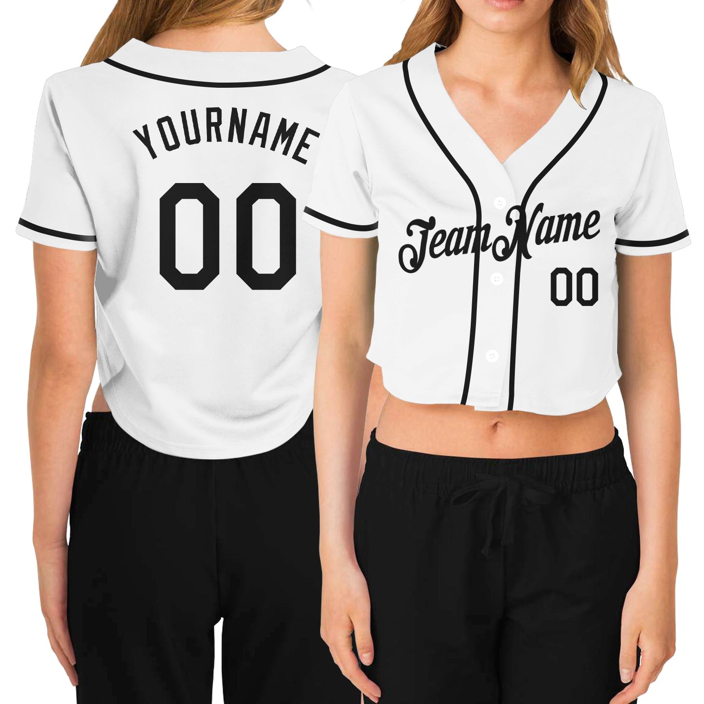Custom Women's White Black V-Neck Cropped Baseball Jersey - Main View