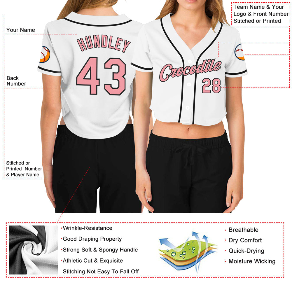 Custom Women's White Medium Pink-Black V-Neck Cropped Baseball Jersey view 3