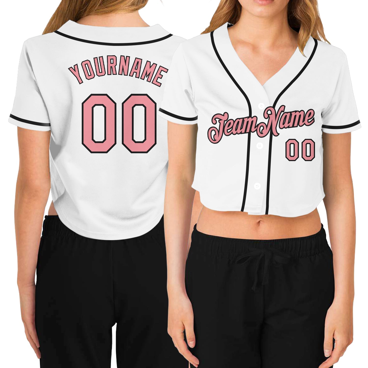 Custom Women's White Medium Pink-Black V-Neck Cropped Baseball Jersey - Main View