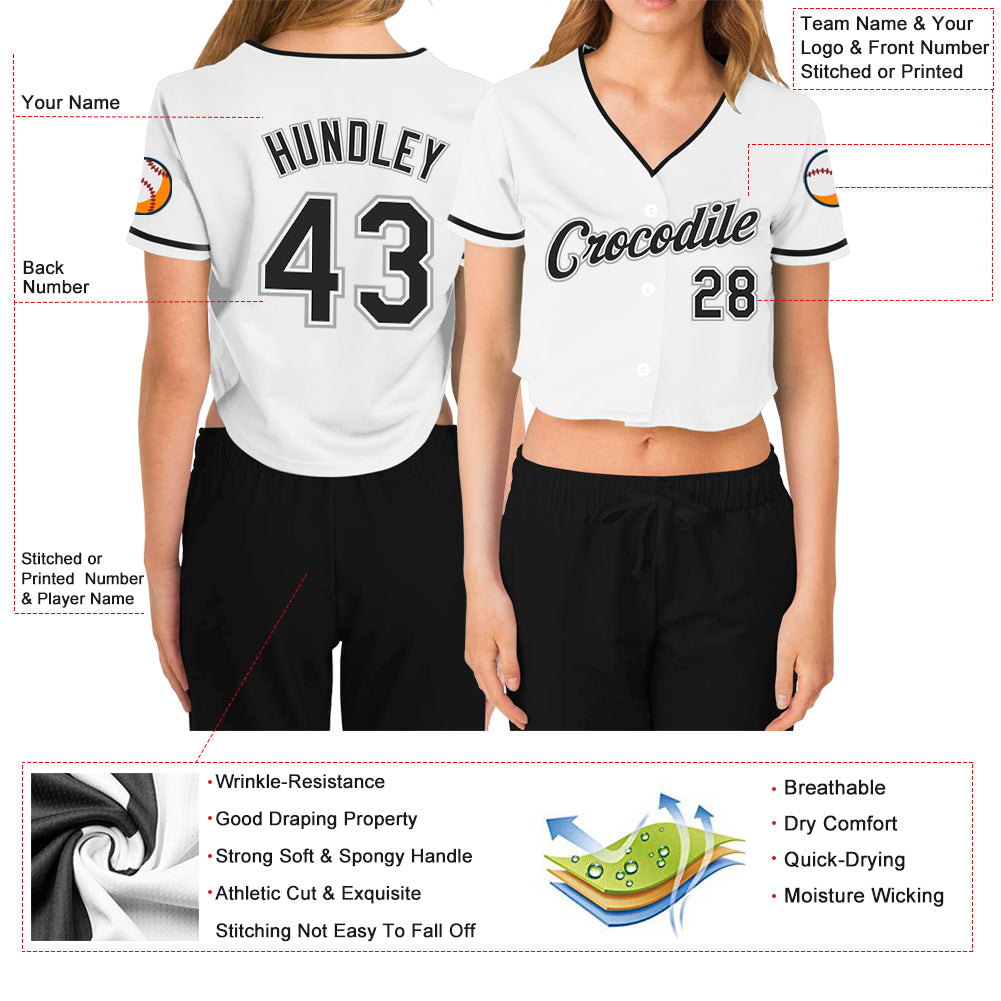 Custom Women's White Black-Gray V-Neck Cropped Baseball Jersey view 3