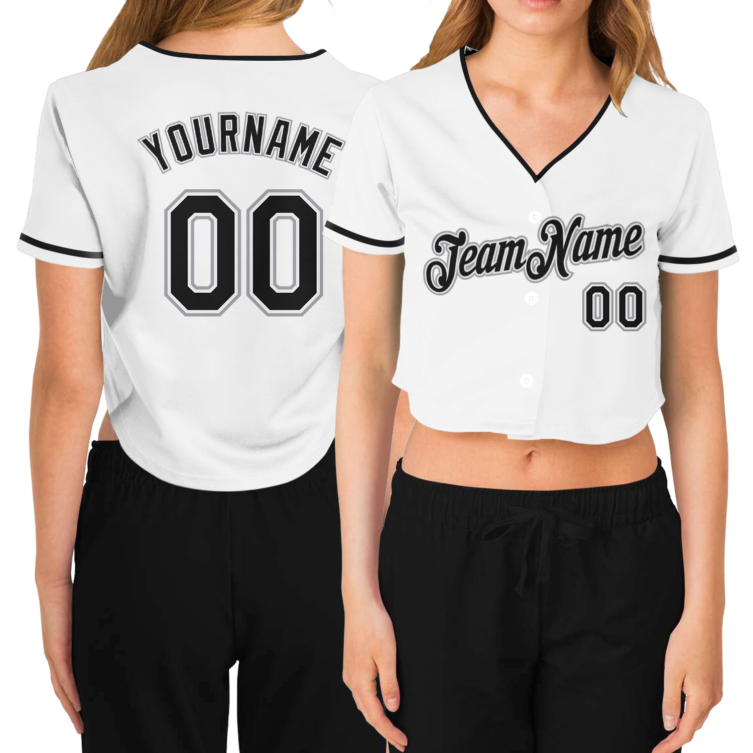 Custom Women's White Black-Gray V-Neck Cropped Baseball Jersey - Main View