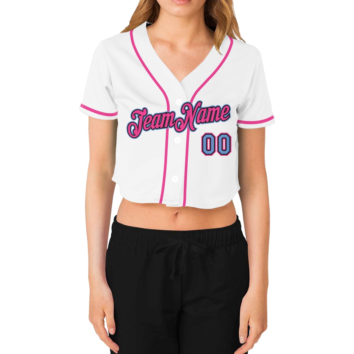 Custom Women's White Light Blue Black-Pink V-Neck Cropped Baseball Jersey view 2