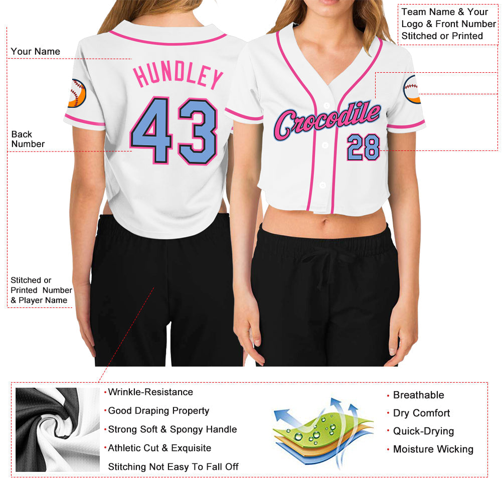 Custom Women's White Light Blue Black-Pink V-Neck Cropped Baseball Jersey view 3