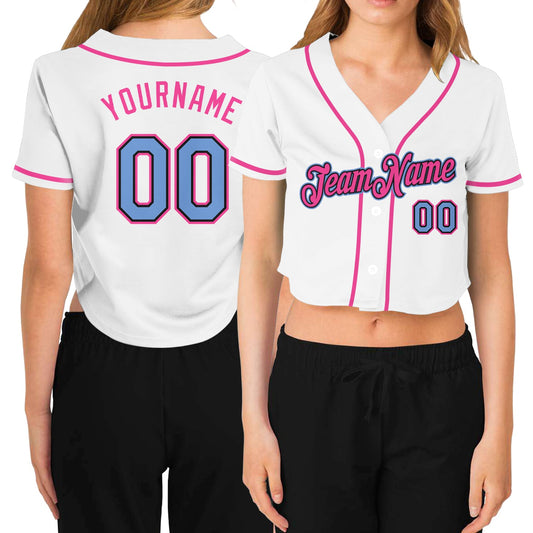 Custom Women's White Light Blue Black-Pink V-Neck Cropped Baseball Jersey - Main View