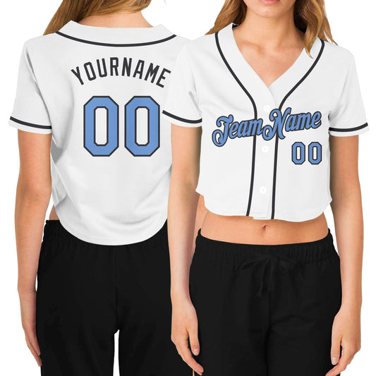 Custom Women's White Light Blue-Steel Gray V-Neck Cropped Baseball Jersey - Main View