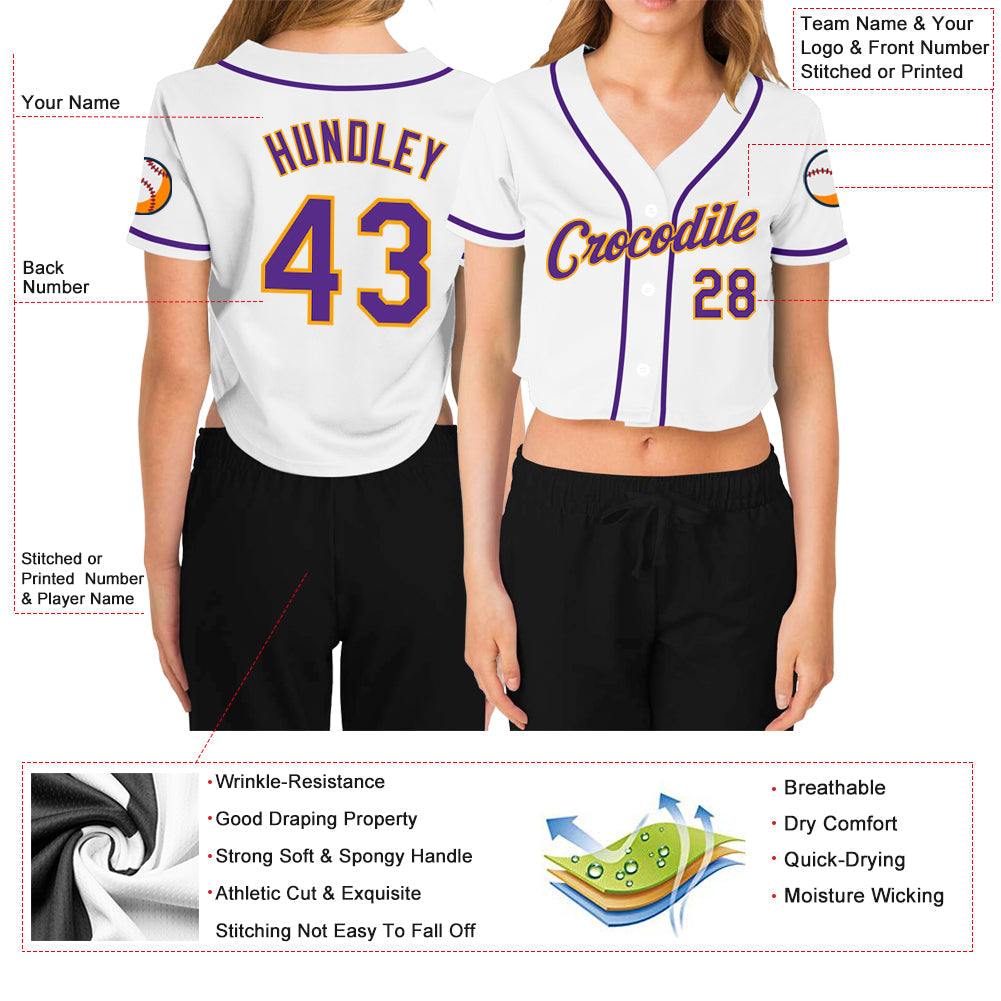Custom Women's White Purple-Gold V-Neck Cropped Baseball Jersey view 3