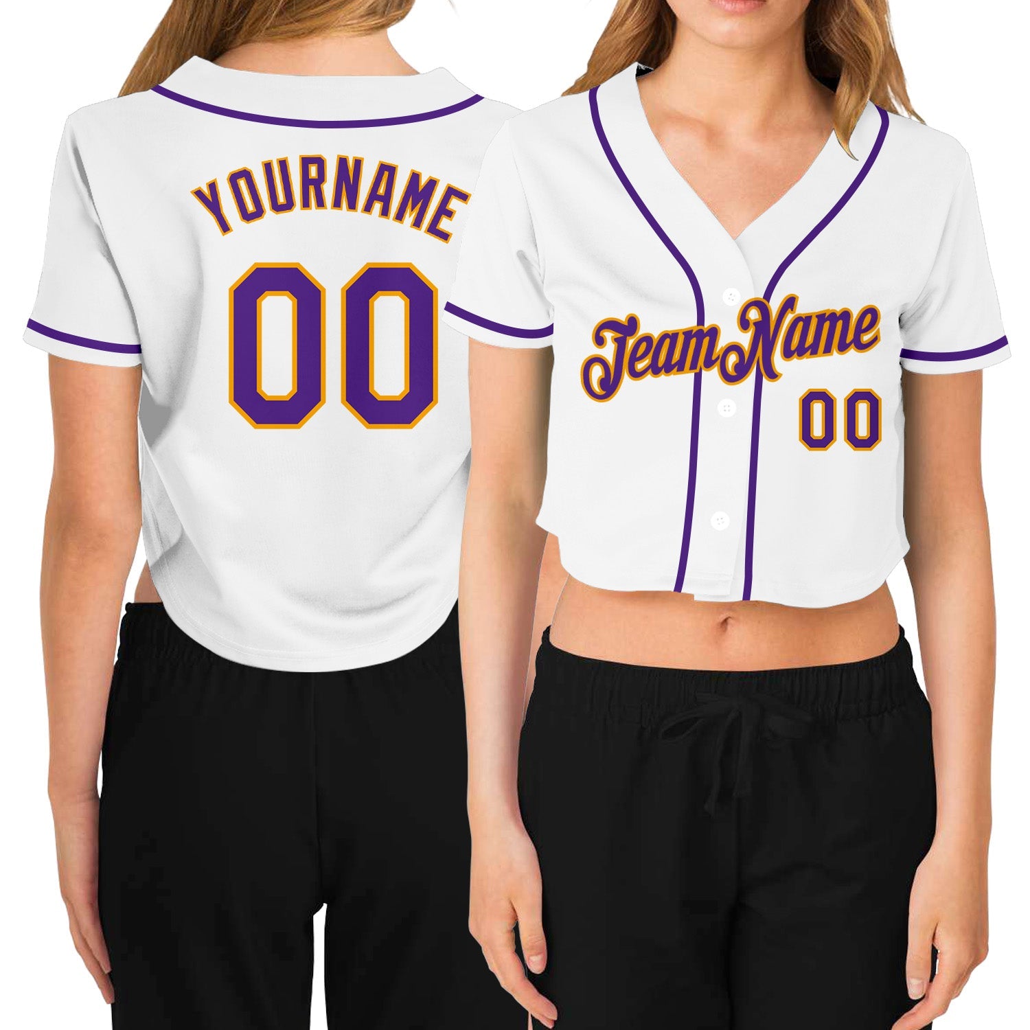 Custom Women's White Purple-Gold V-Neck Cropped Baseball Jersey - Main View