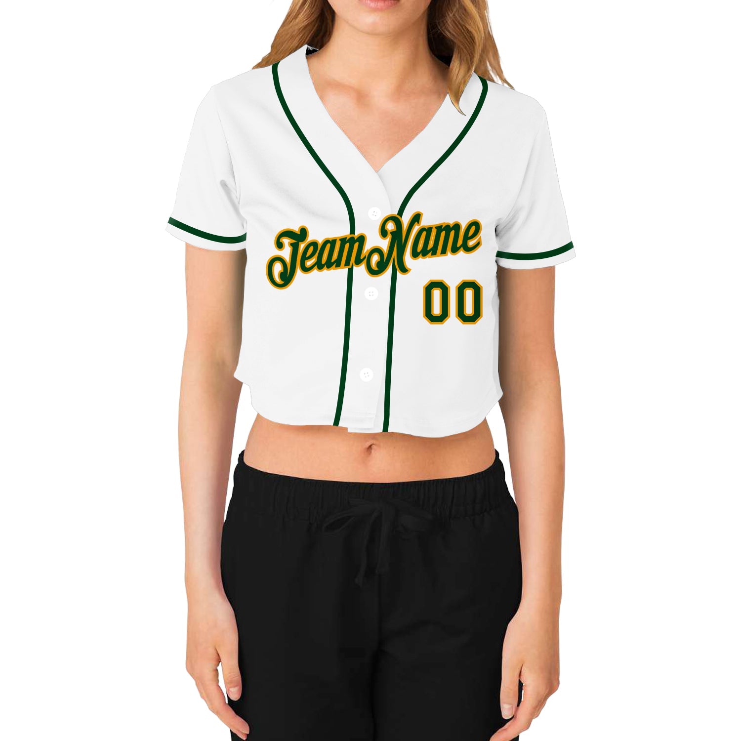 Custom Women's White Green-Gold V-Neck Cropped Baseball Jersey view 2