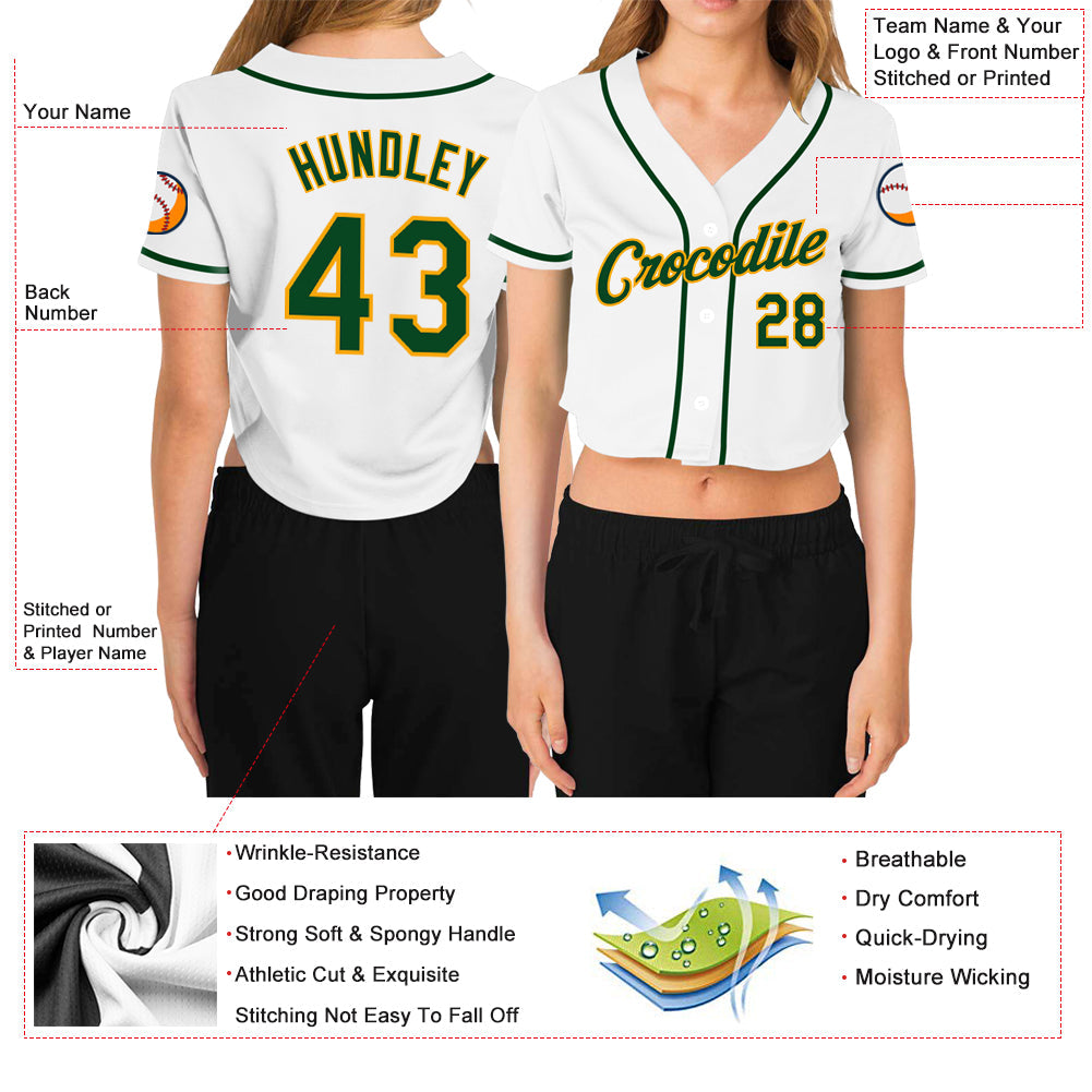 Custom Women's White Green-Gold V-Neck Cropped Baseball Jersey view 3