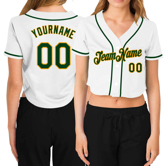 Custom Women's White Green-Gold V-Neck Cropped Baseball Jersey - Main View