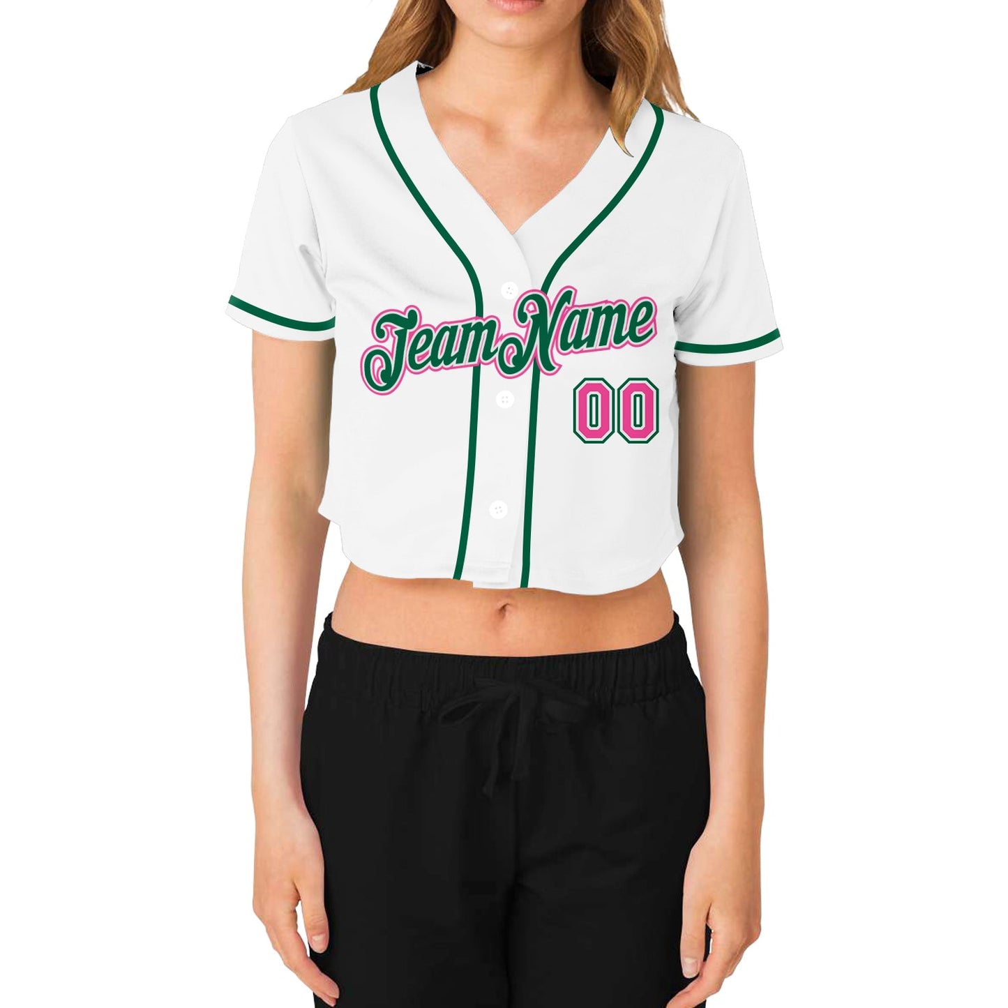 Custom Women's White Pink-Green V-Neck Cropped Baseball Jersey view 2