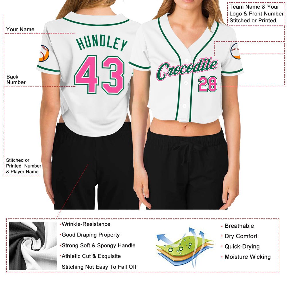 Custom Women's White Pink-Green V-Neck Cropped Baseball Jersey view 3