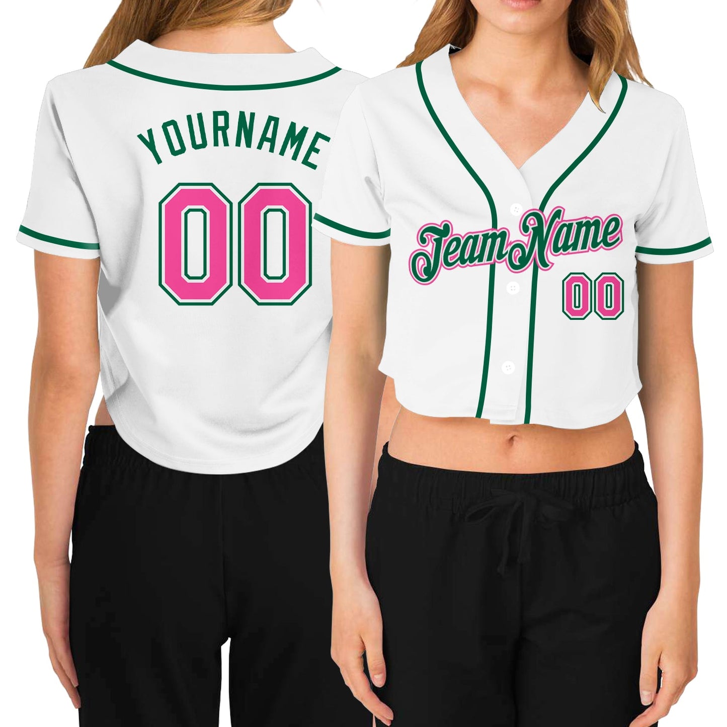 Custom Women's White Pink-Green V-Neck Cropped Baseball Jersey - Main View