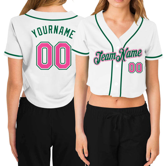 Custom Women's White Pink-Green V-Neck Cropped Baseball Jersey - Main View