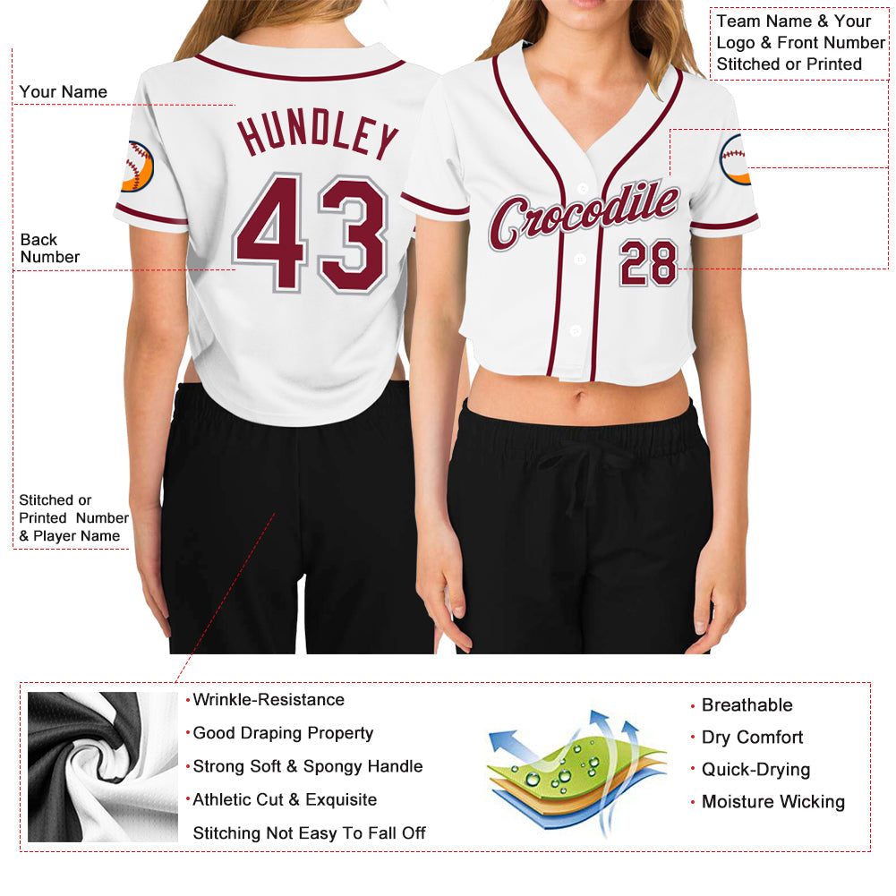 Custom Women's White Crimson-Gray V-Neck Cropped Baseball Jersey view 3