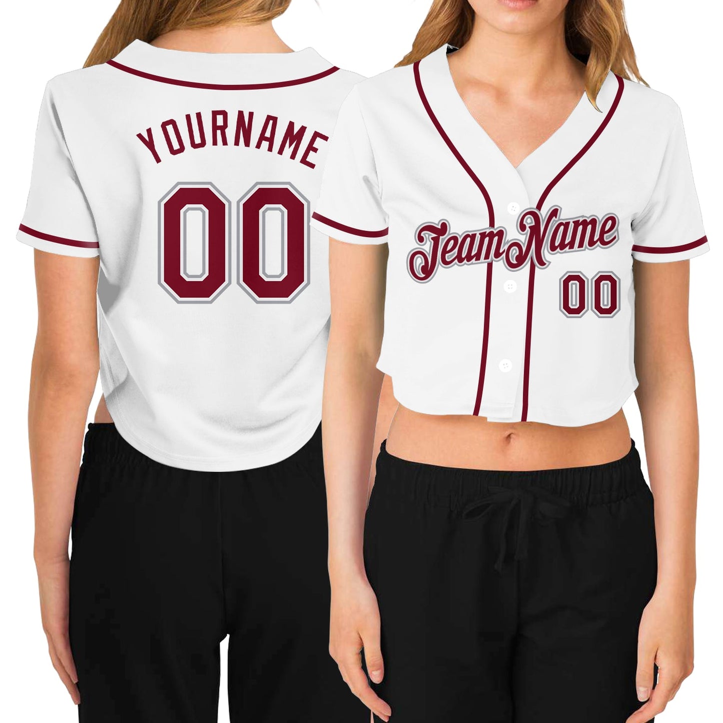Custom Women's White Crimson-Gray V-Neck Cropped Baseball Jersey - Main View