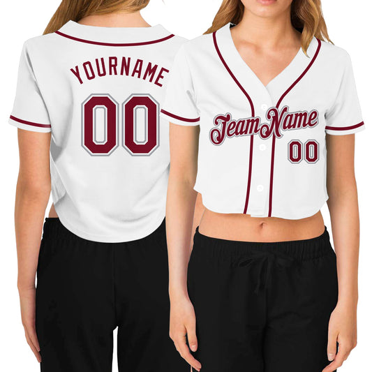 Custom Women's White Crimson-Gray V-Neck Cropped Baseball Jersey - Main View