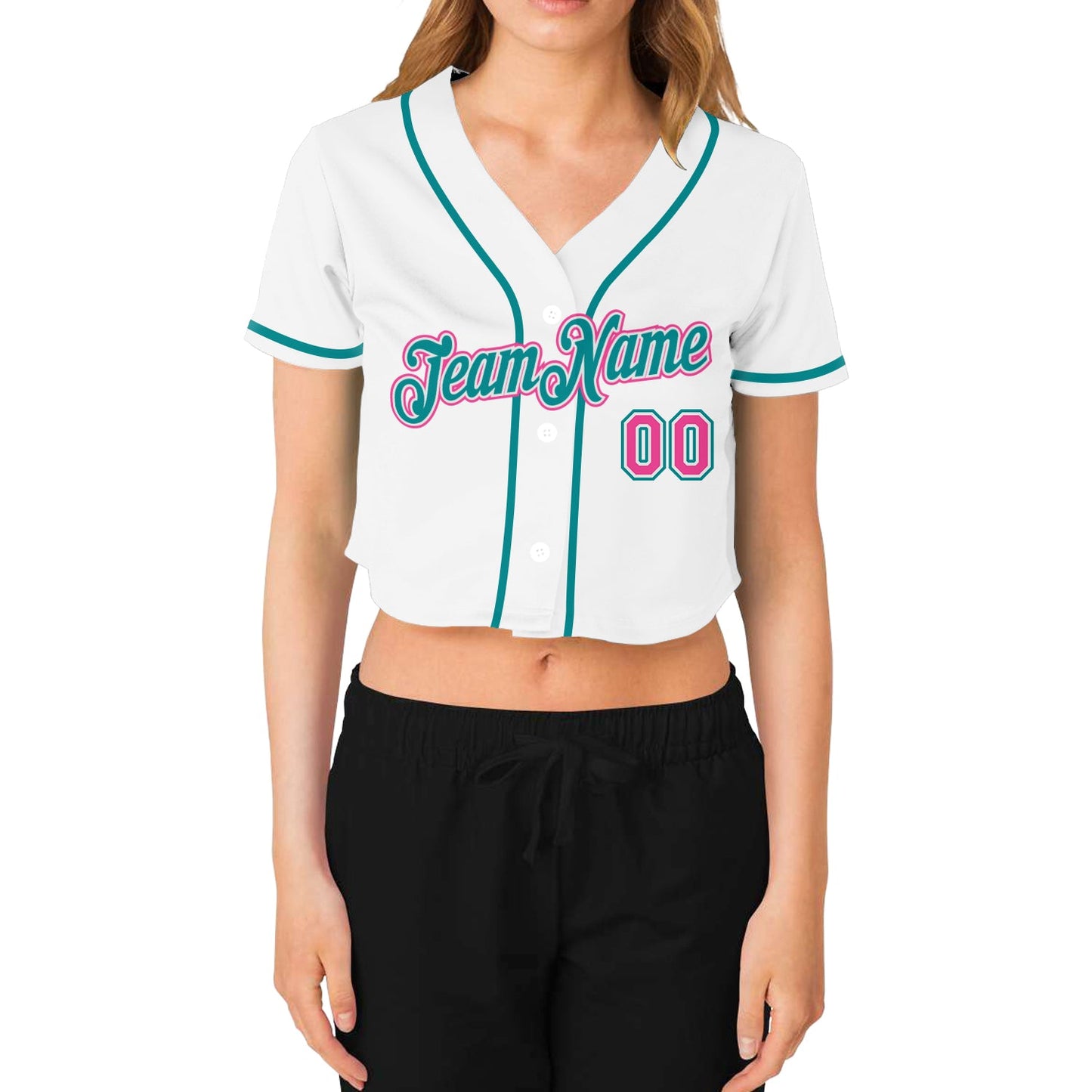 Custom Women's White Pink-Aqua V-Neck Cropped Baseball Jersey view 2