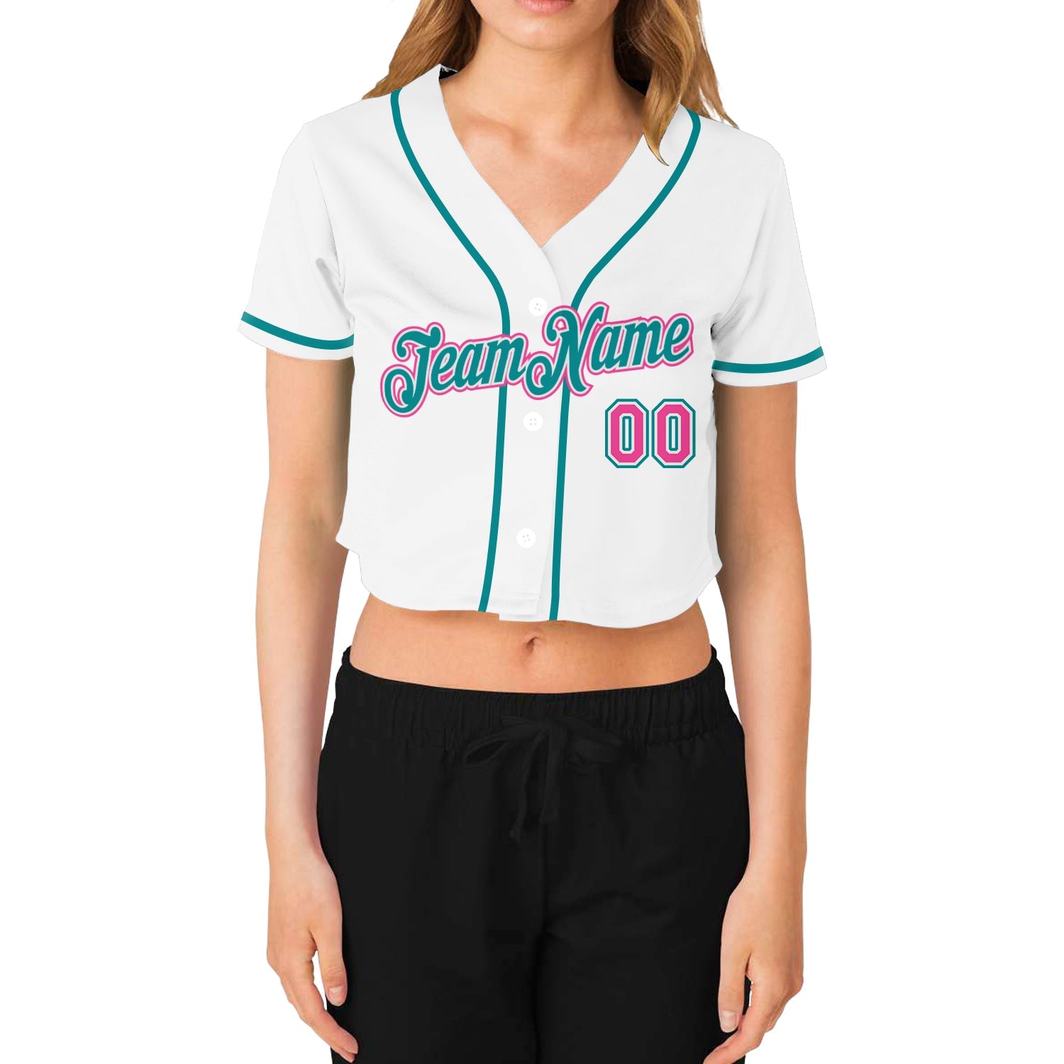 Custom Women's White Pink-Aqua V-Neck Cropped Baseball Jersey view 2