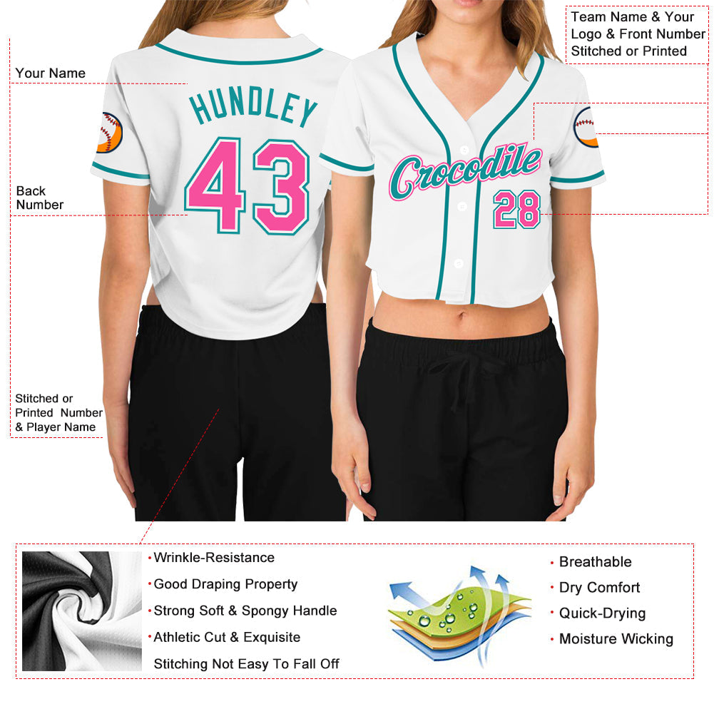 Custom Women's White Pink-Aqua V-Neck Cropped Baseball Jersey view 3