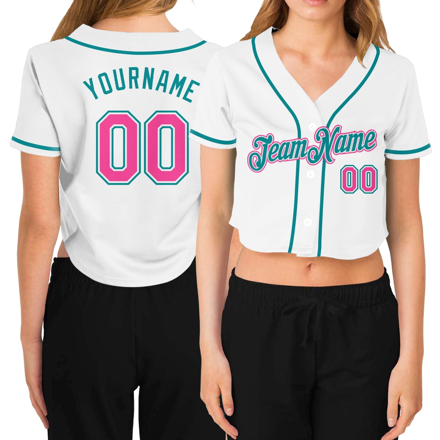 Custom Women's White Pink-Aqua V-Neck Cropped Baseball Jersey - Main View