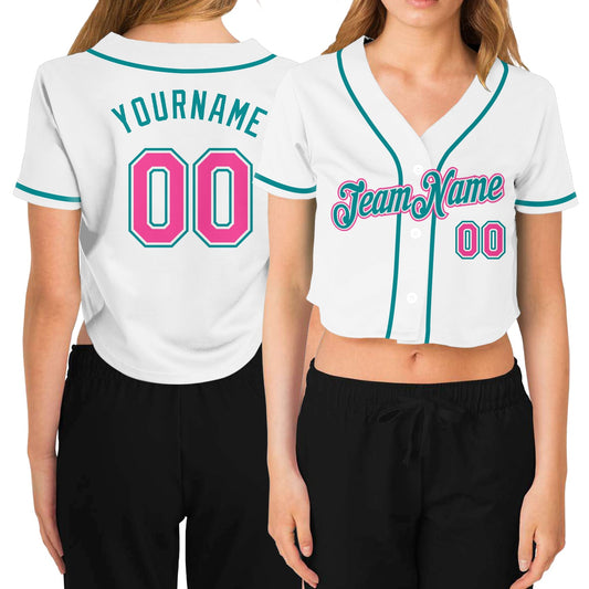 Custom Women's White Pink-Aqua V-Neck Cropped Baseball Jersey - Main View