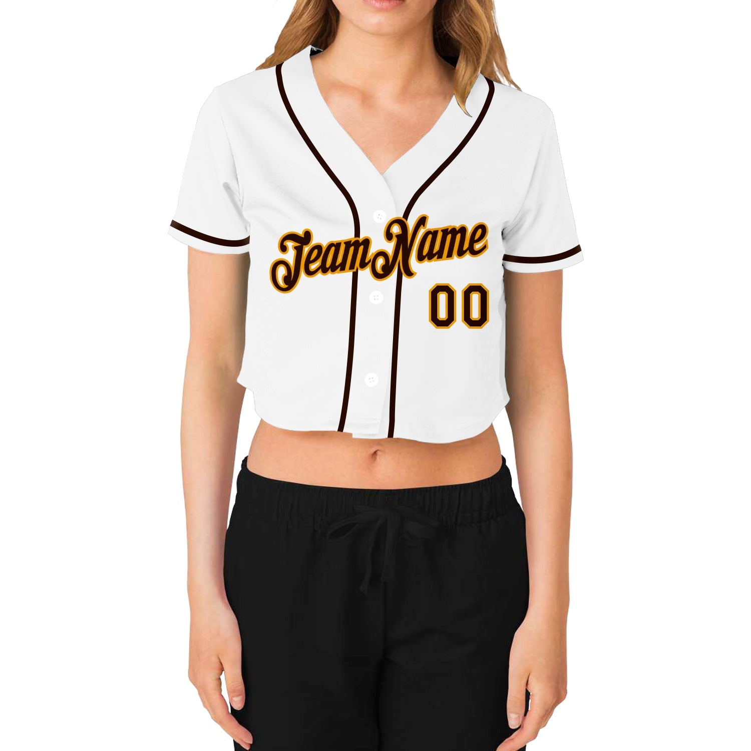 Custom Women's White Brown-Gold V-Neck Cropped Baseball Jersey view 2