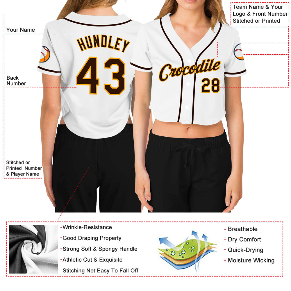 Custom Women's White Brown-Gold V-Neck Cropped Baseball Jersey view 3