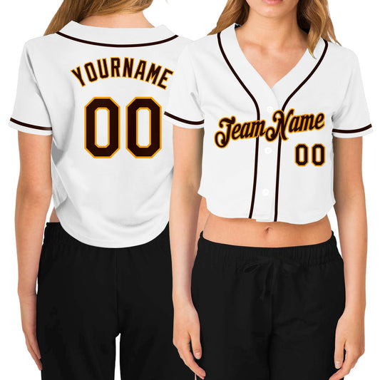 Custom Women's White Brown-Gold V-Neck Cropped Baseball Jersey - Main View