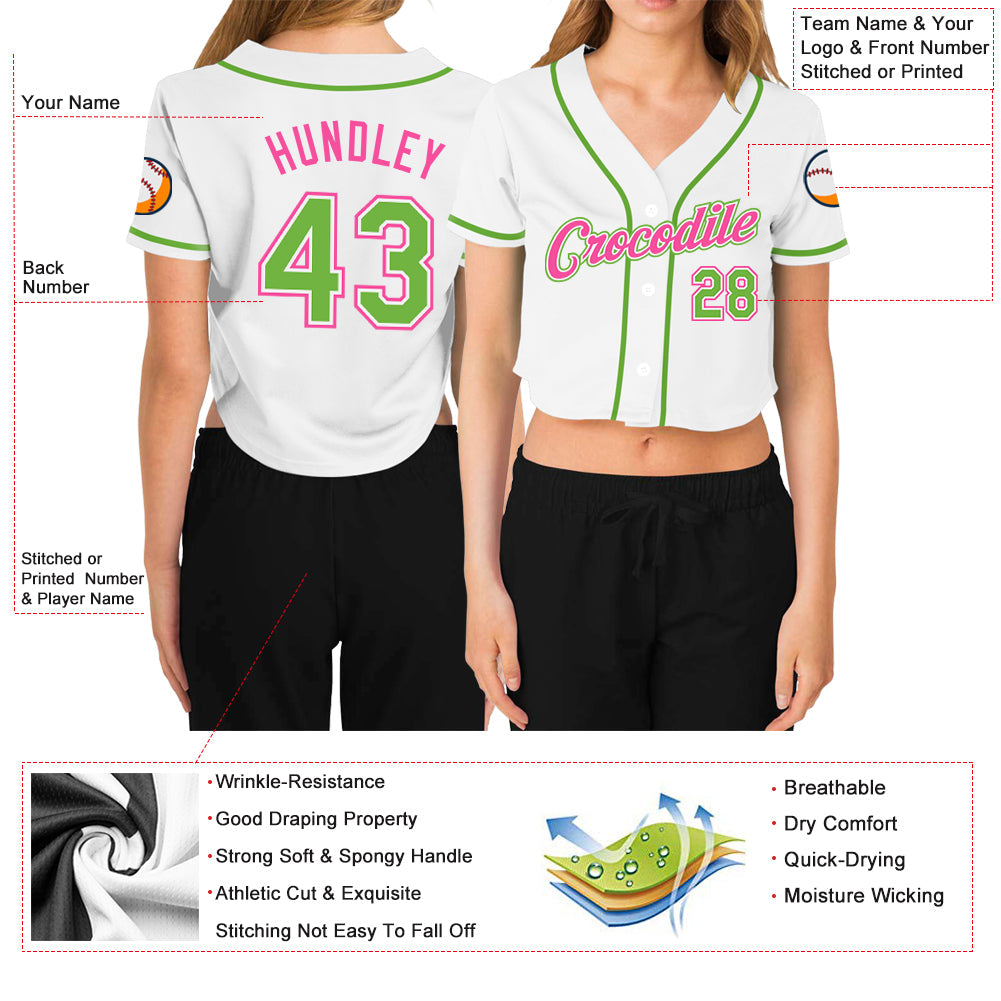 Custom Women's White Neon Green-Pink V-Neck Cropped Baseball Jersey view 3