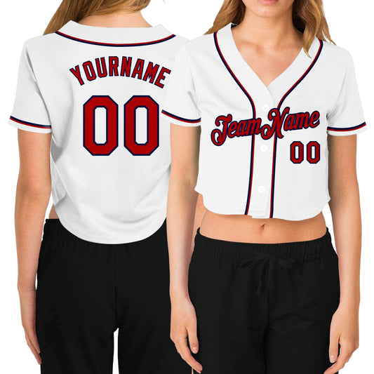 Custom Women's White Red-Navy V-Neck Cropped Baseball Jersey - Main View