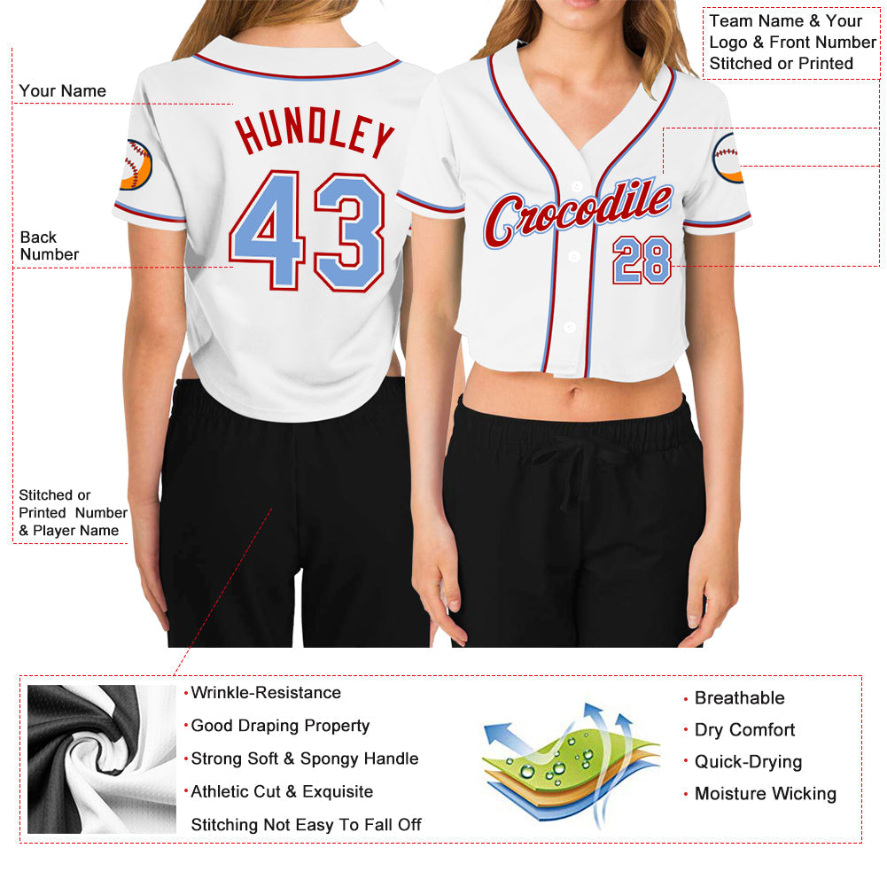 Custom Women's White Light Blue-Red V-Neck Cropped Baseball Jersey view 3