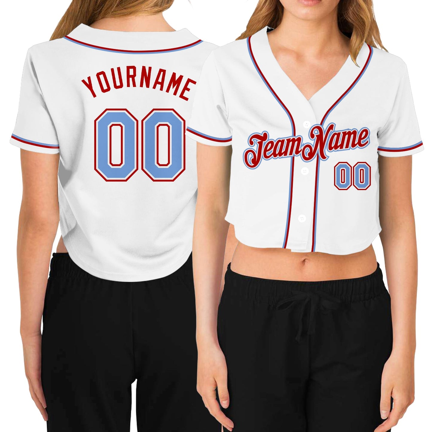 Custom Women's White Light Blue-Red V-Neck Cropped Baseball Jersey - Main View