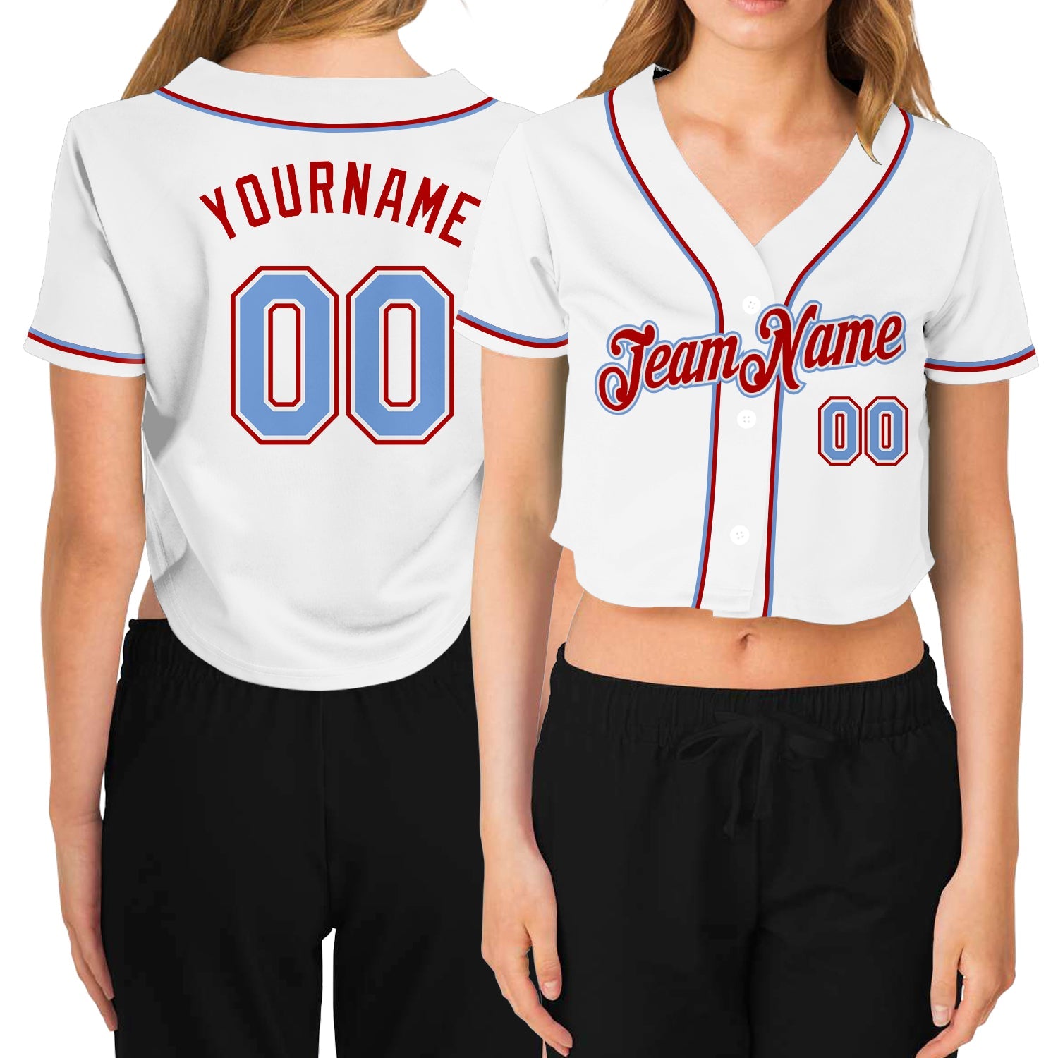 Custom Women's White Light Blue-Red V-Neck Cropped Baseball Jersey - Main View