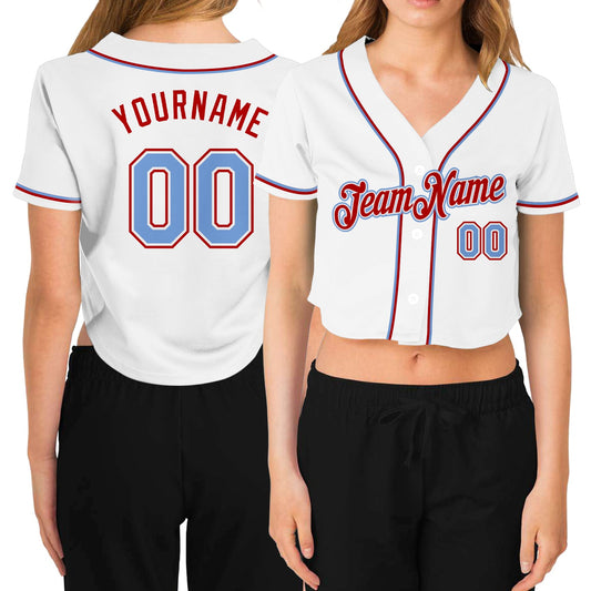 Custom Women's White Light Blue-Red V-Neck Cropped Baseball Jersey - Main View