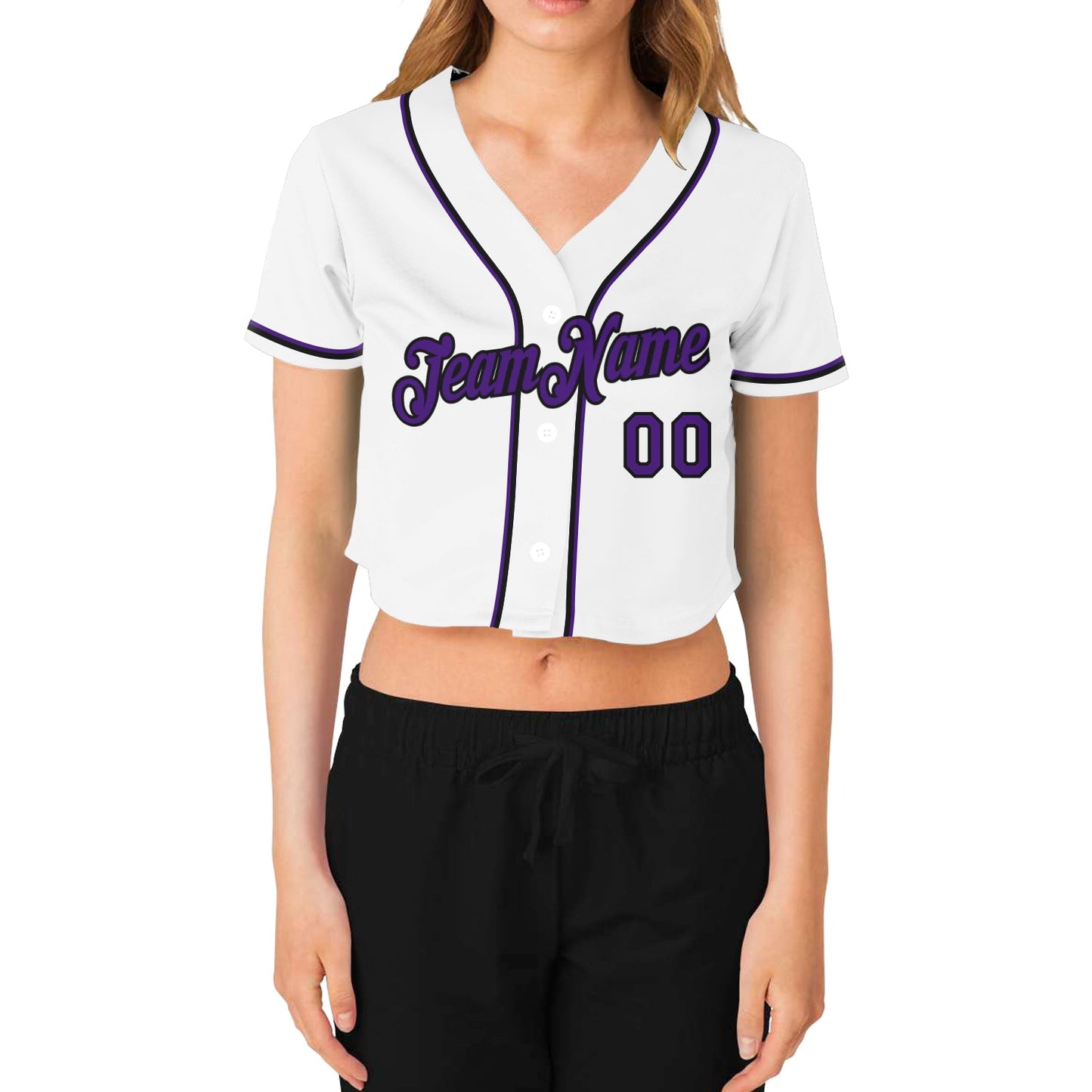 Custom Women's White Purple-Black V-Neck Cropped Baseball Jersey view 2