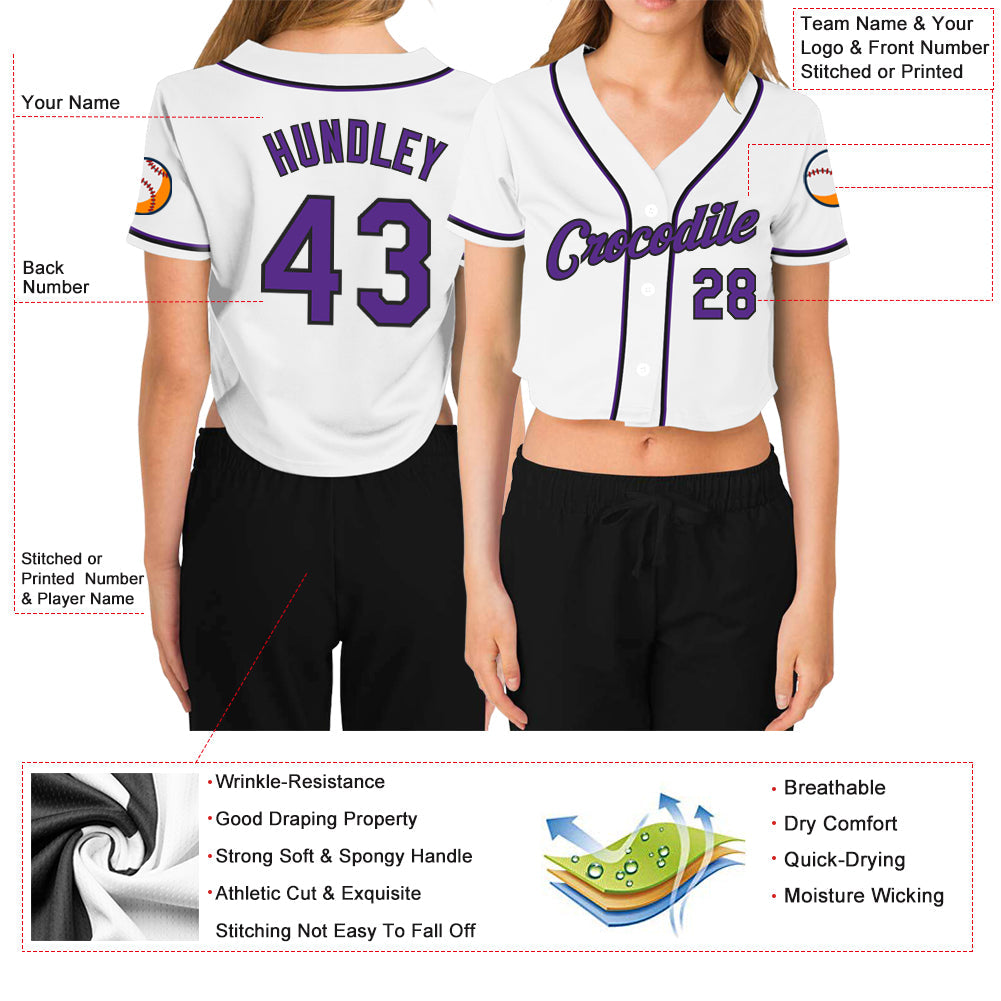 Custom Women's White Purple-Black V-Neck Cropped Baseball Jersey view 3
