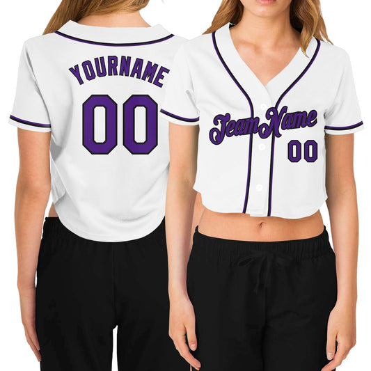 Custom Women's White Purple-Black V-Neck Cropped Baseball Jersey - Main View