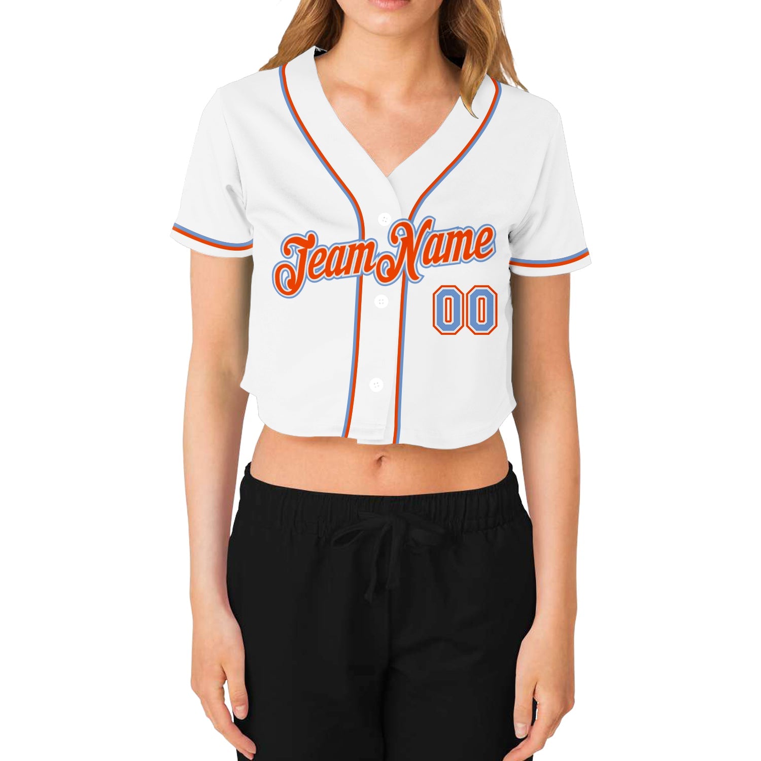 Custom Women's White Light Blue-Orange V-Neck Cropped Baseball Jersey view 2