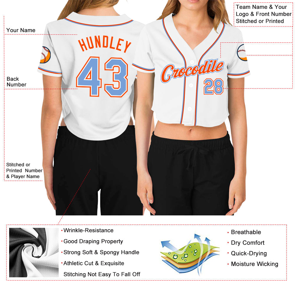 Custom Women's White Light Blue-Orange V-Neck Cropped Baseball Jersey view 3