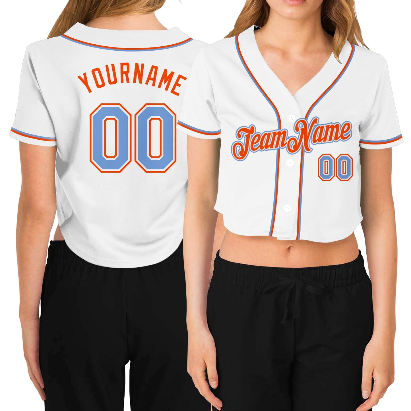 Custom Women's White Light Blue-Orange V-Neck Cropped Baseball Jersey - Main View