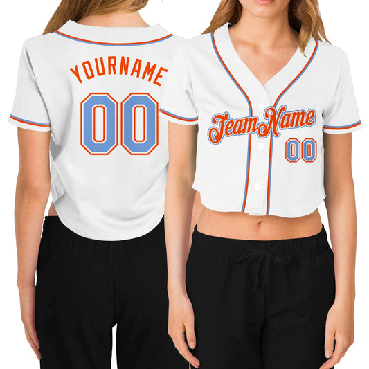 Custom Women's White Light Blue-Orange V-Neck Cropped Baseball Jersey - Main View
