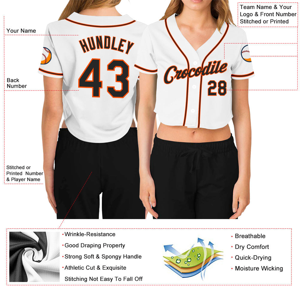 Custom Women's White Black-Orange V-Neck Cropped Baseball Jersey view 3