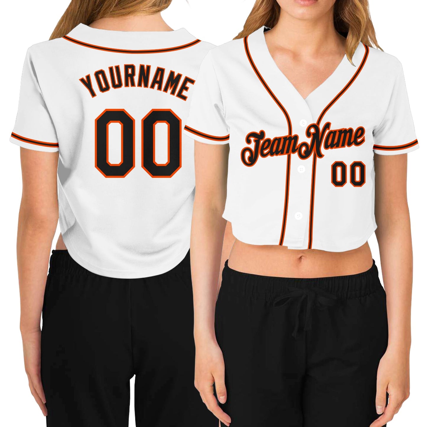 Custom Women's White Black-Orange V-Neck Cropped Baseball Jersey - Main View