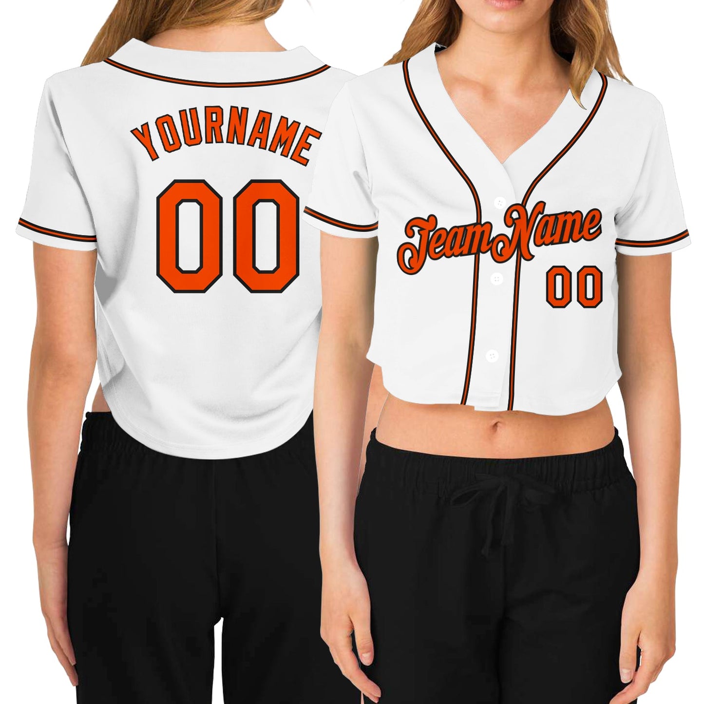 Custom Women's White Orange-Black V-Neck Cropped Baseball Jersey - Main View