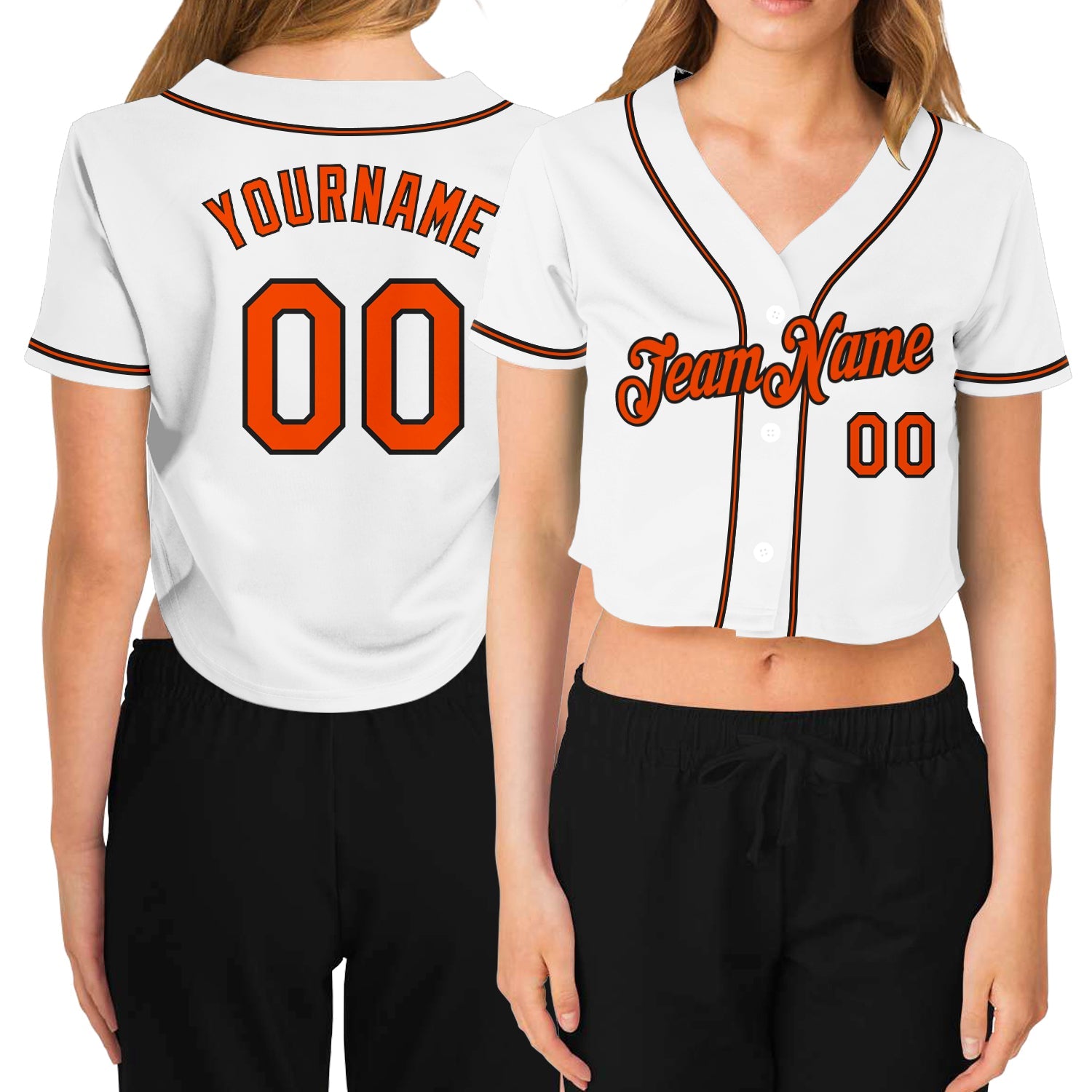 Custom Women's White Orange-Black V-Neck Cropped Baseball Jersey - Main View