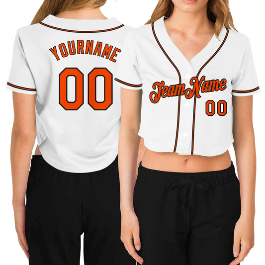 Custom Women's White Orange-Black V-Neck Cropped Baseball Jersey - Main View